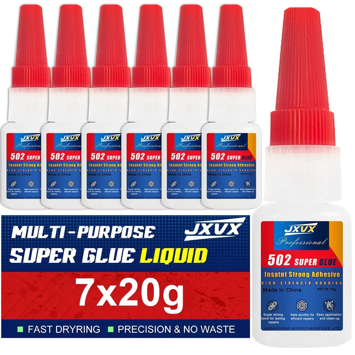 502 Super Glue Adesivo istantaneo extra forte 20 g, (confezione da 7), adesivo cianoacrilato, per plastica dura, artigianato, ceramica, cornici, pelle, metallo, colla liquida a forte adesione, con dispenser.