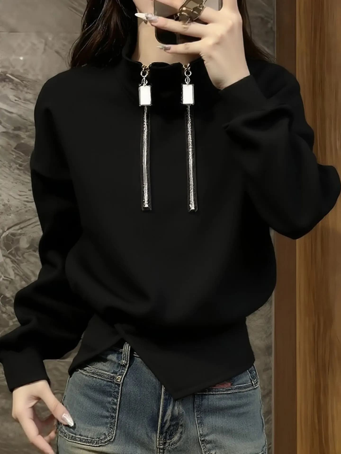 Felpa con cappuccio Ele Bla Thiened a maniche lunghe con doppia cerniera, design alla moda per il pendolarismo, top primaverile da donna, maglione coreano.