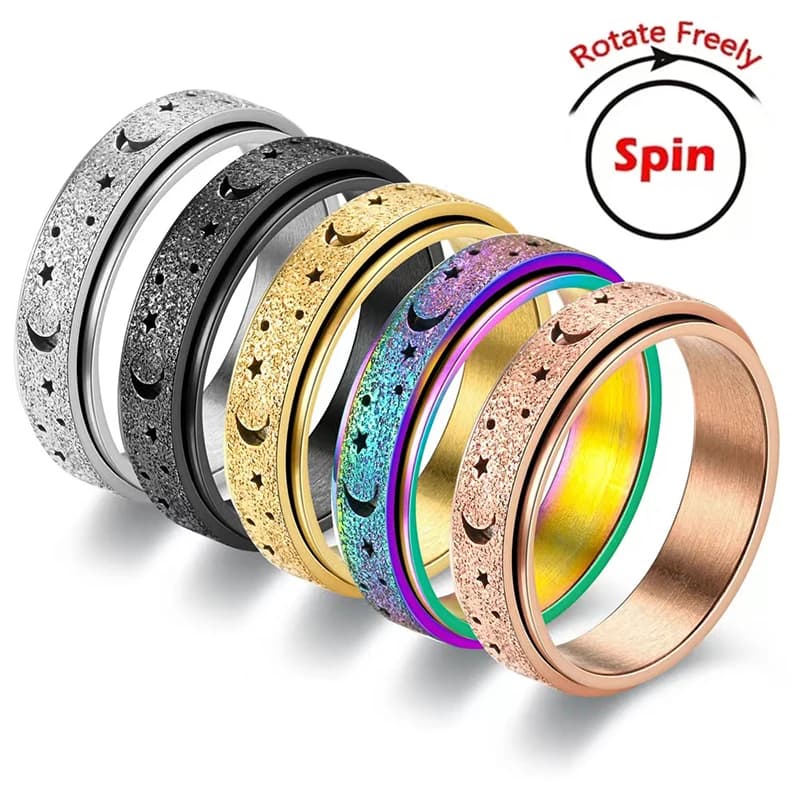 Anello spinner in acciaio inossidabile Anelli di ansia per donna Uomo Stella cava Luna Anello smerigliato girevole Anello agitarsi Anelli antistress