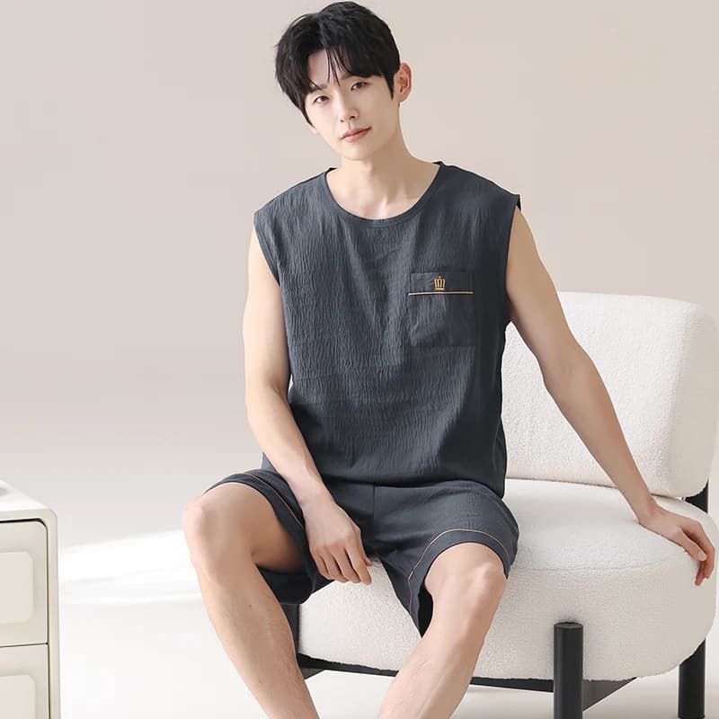 New Men's Pajamas set Summer Lightweight Cotton Tight Vest Sports Casual Family Pajamas Outdoor Loose Top Breathable