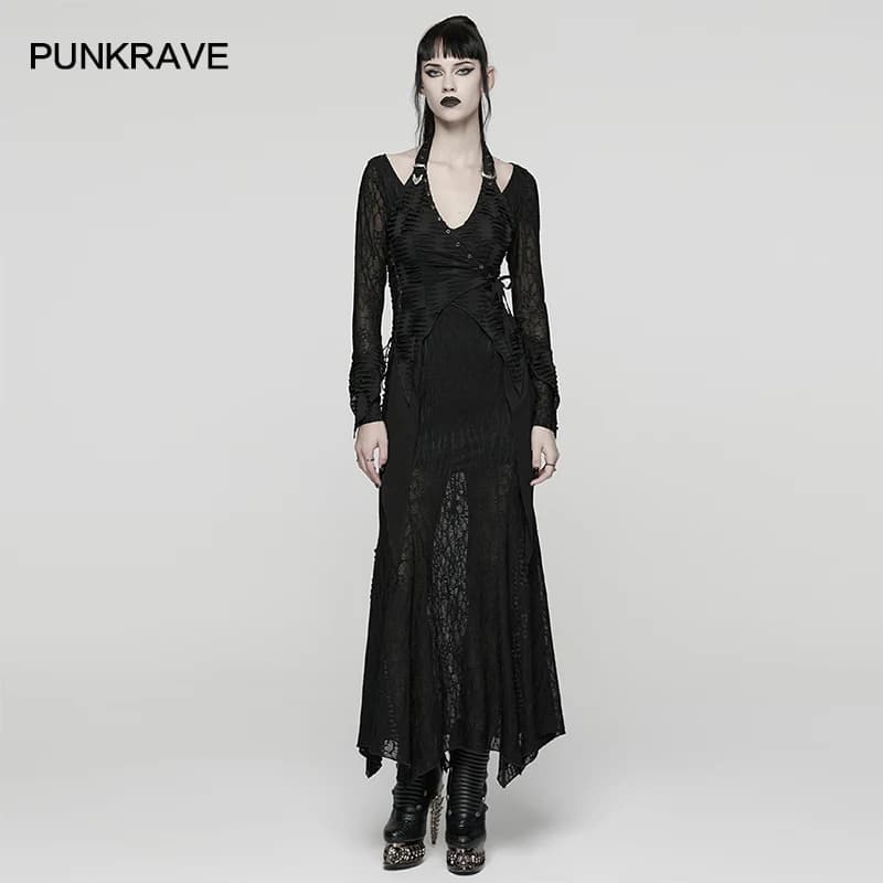 PUNK RAVE Abito da donna punk finto in due pezzi con scollo all'americana Forme dell'orlo a coda di pesce Cinghie incrociate in vita Abiti lunghi da festa