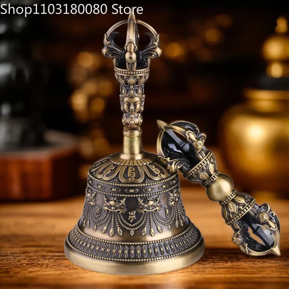Brass 5-Prong Vajra Bell & Dorje Set Tibetan Buddhist Ritual Buddhist Implements,17cm,14.5cm,11cm