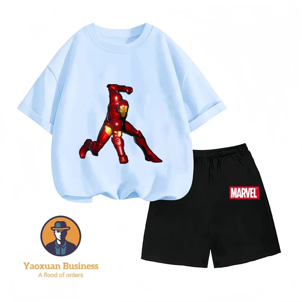 Set di abbigliamento per bambini in due pezzi casual estivo con stampa cartone animato Iron Man in puro cotone per ragazzi e ragazze di 2 14 anni