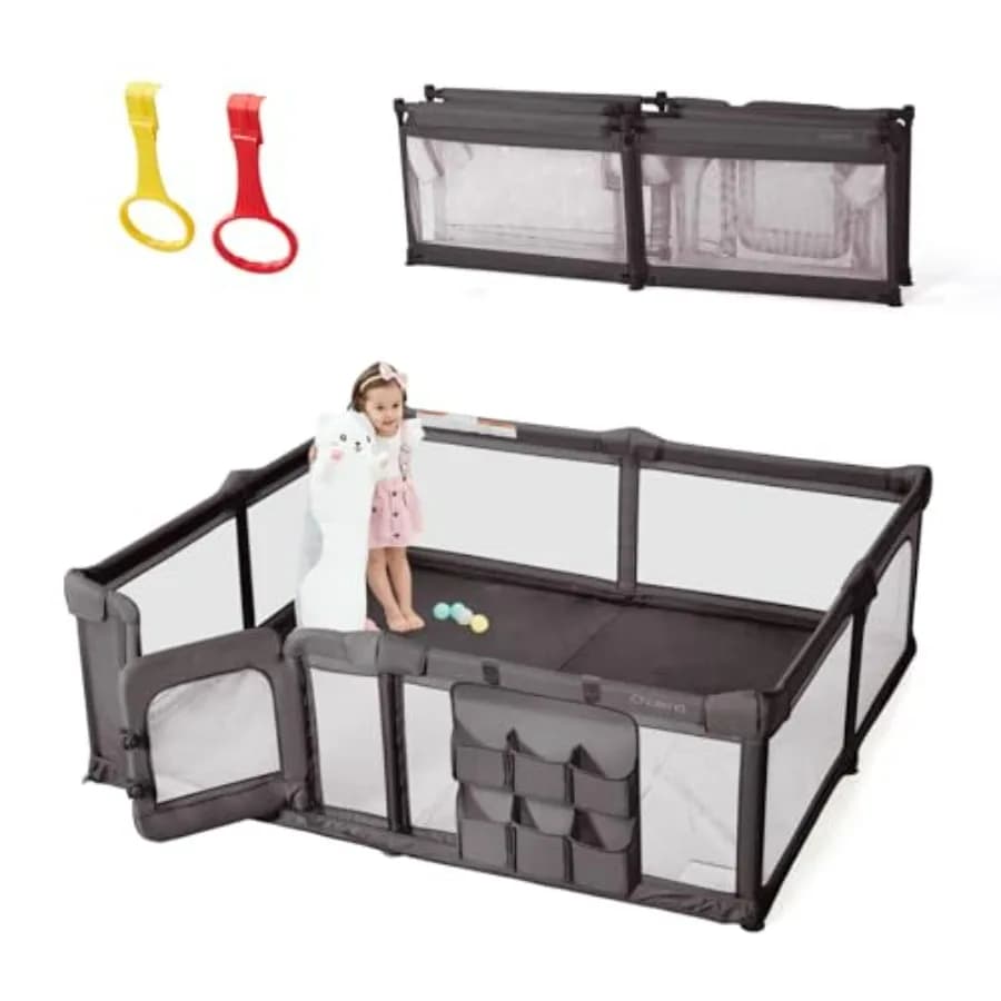 Box per Bambini Pieghevole 79x59 con Porta con Cerniera per Neonati e Bambini Piccoli, Grande Area Gioco con Cancello, Grigio Scuro