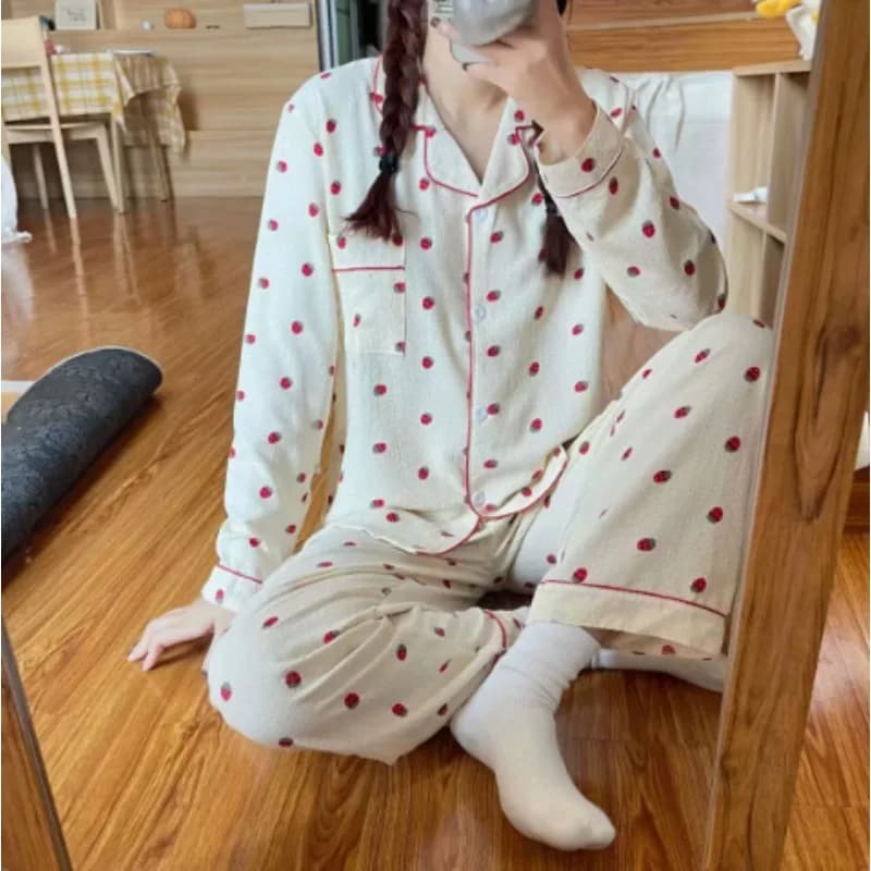 Sweet Cherry Cotton Pajama Set Thin Short Sleeve Long Sleeve with Collar Home Clothes Long Pants Sleepwear for Women