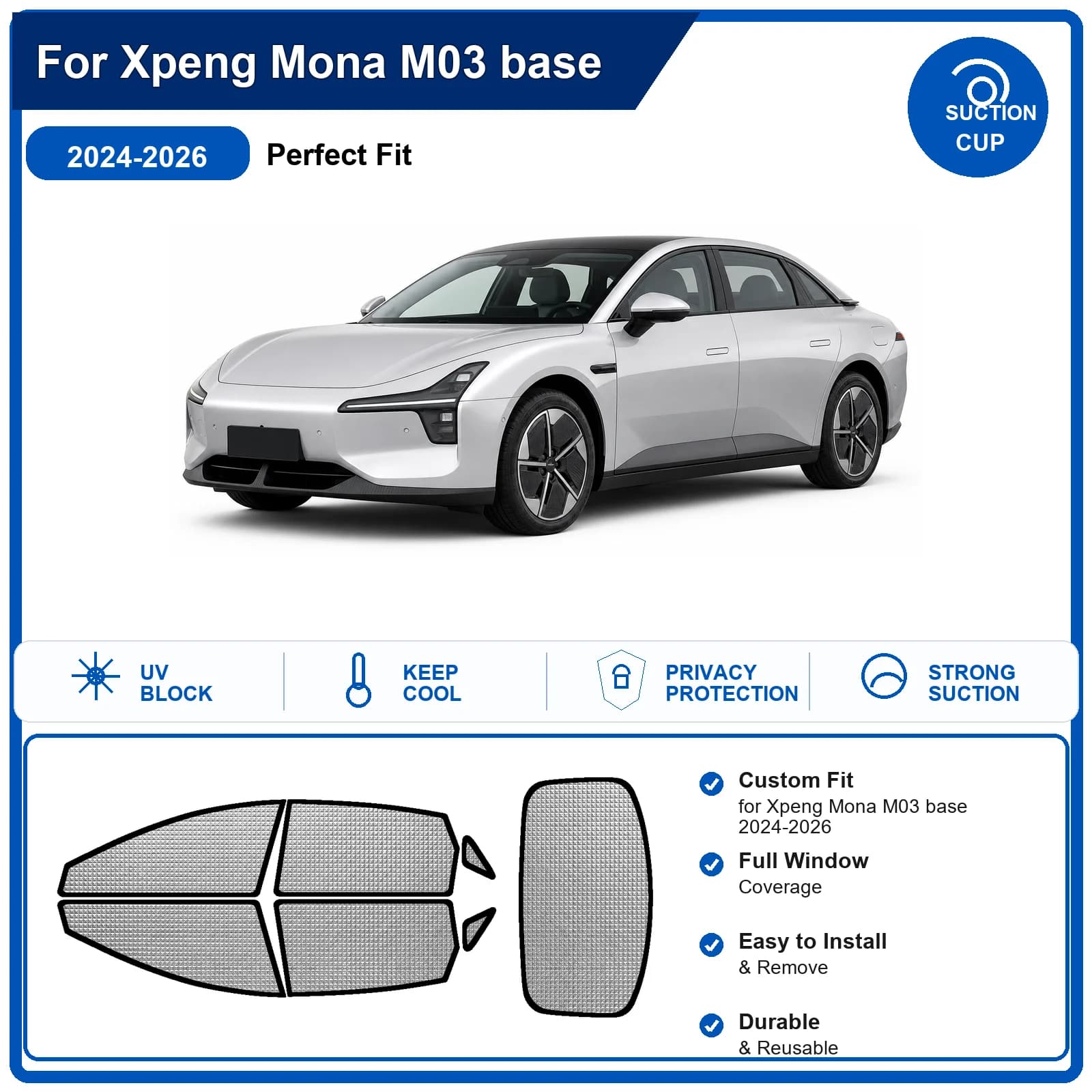 For Xpeng Mona M03 base 2024-2026 Custom Full Set Windshield Sun Shade Aluminum Foil Heat Insulation Anti UV Foldable