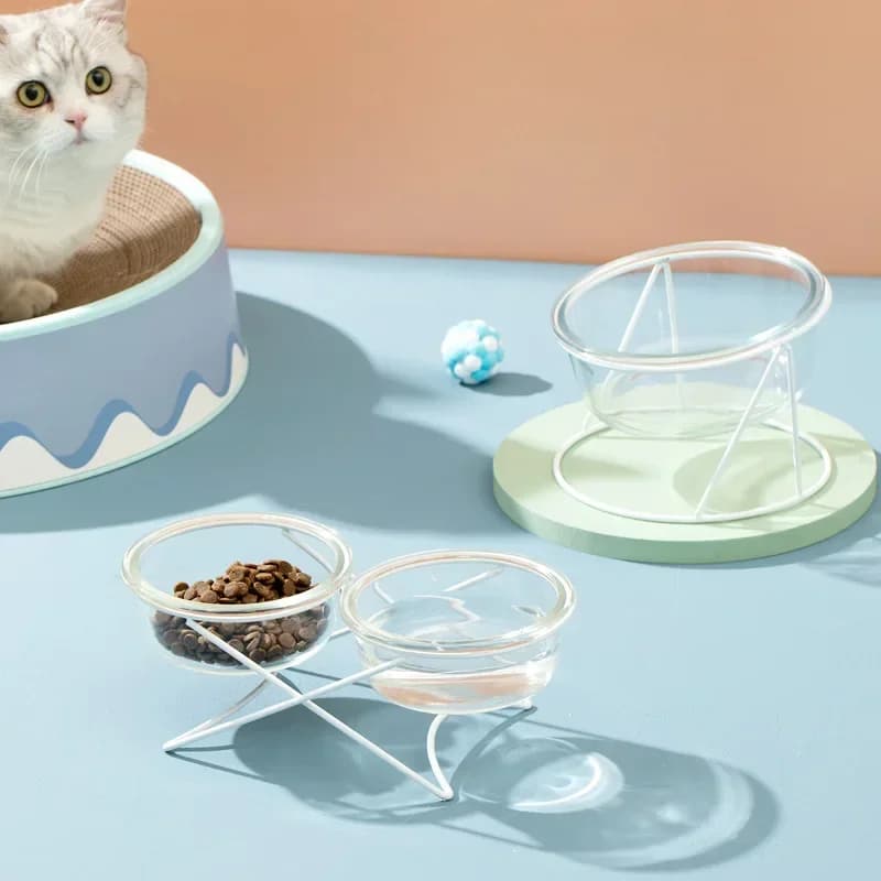 Cat Glass Food Water Bowl Elevated Small Dog Double Drinking Eating Bowls Pet Transparent Feeding Basin with Stand
