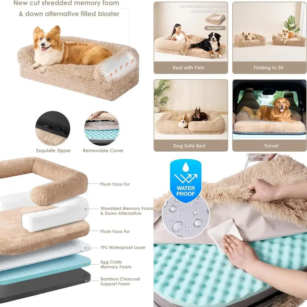 Divano letto ortopedico in memory foam per cani di grandi dimensioni, 54x38x7,5, divano lavabile in pelliccia sintetica, antiscivolo, cammello