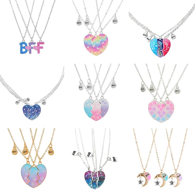 Qpeach Pack of 3 pendants with glitter shaped heart, flower, butterfly, star, best friend, BFF, 3 necklace for girls jewelry gifts
