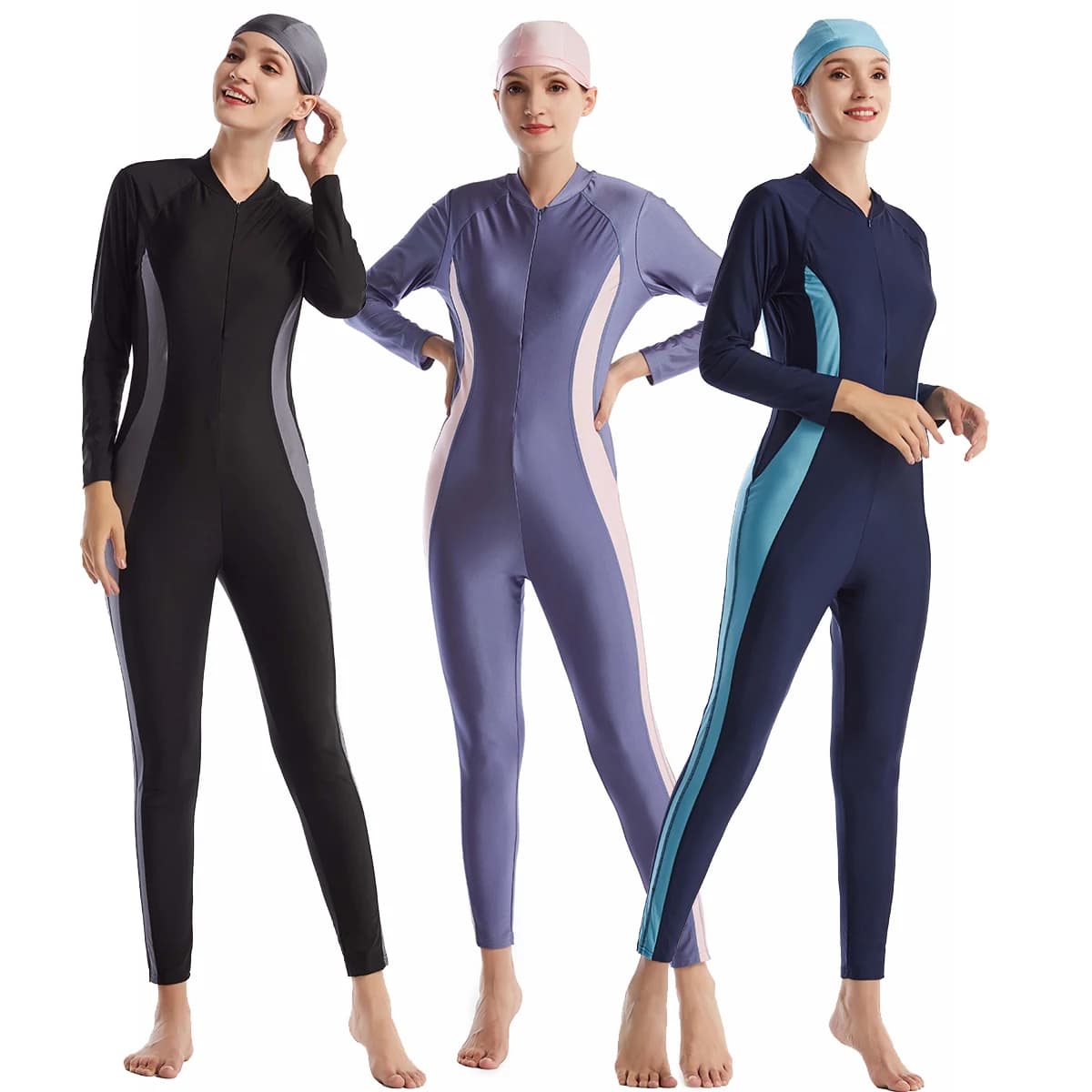Costume da bagno intero H1017 per donne musulmane con copertura totale e cappello, 2 pezzi, abbigliamento da nuoto arabo con cerniera e blocchi di colore
