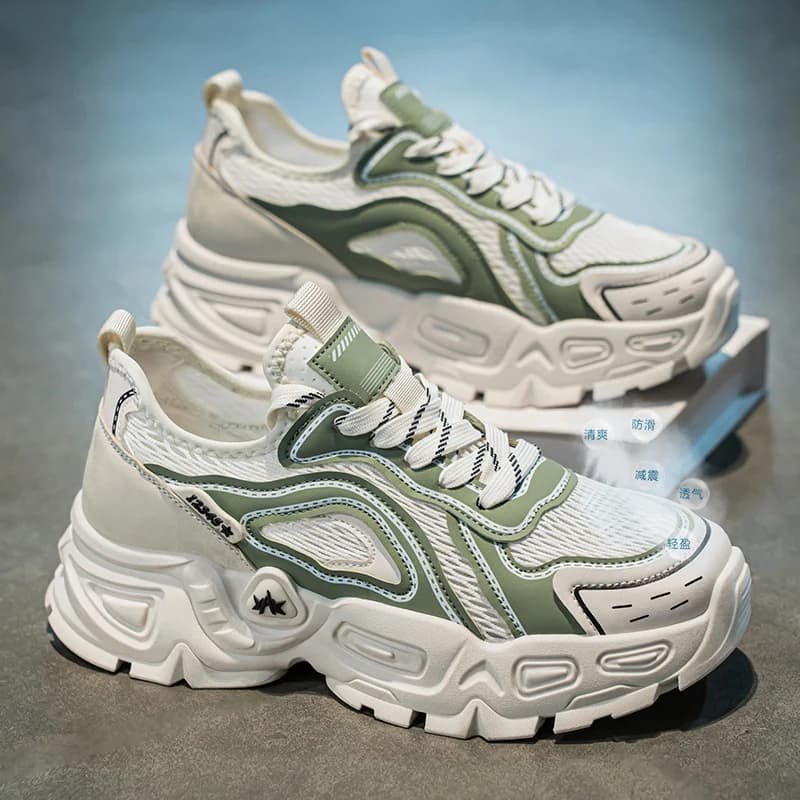 Scarpe da ginnastica da uomo verdi e bianche, modello chunky dad, traspiranti in mesh, con plateau, ammortizzanti, antiscivolo, casual, da corsa.