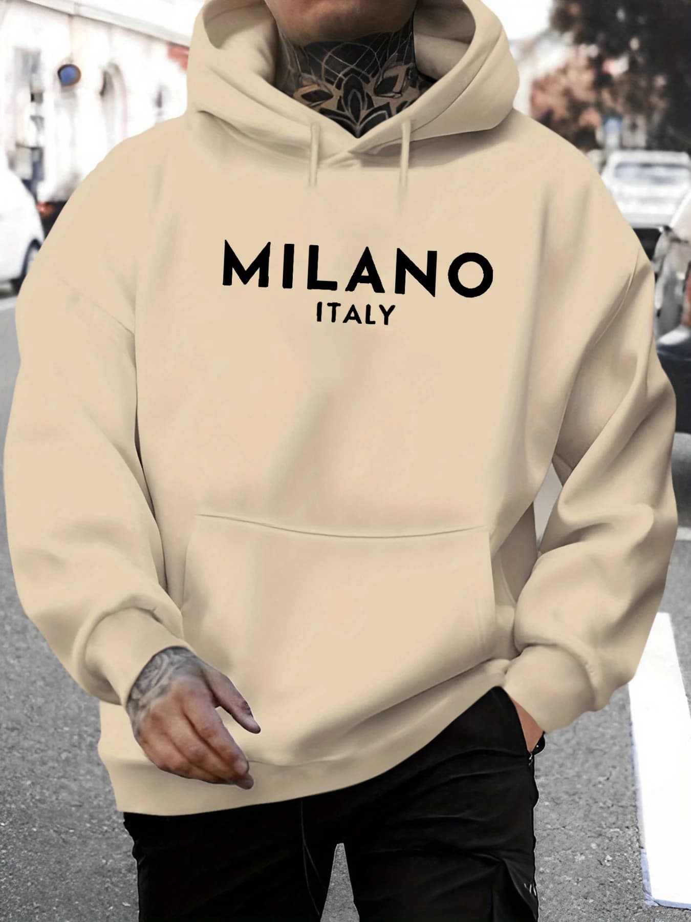Men's Spring and Autumn Casual Warm Loose Fashion MILANO ITALIA Pattern Geometric Printed Long Sleeve Round Neck Hoodie