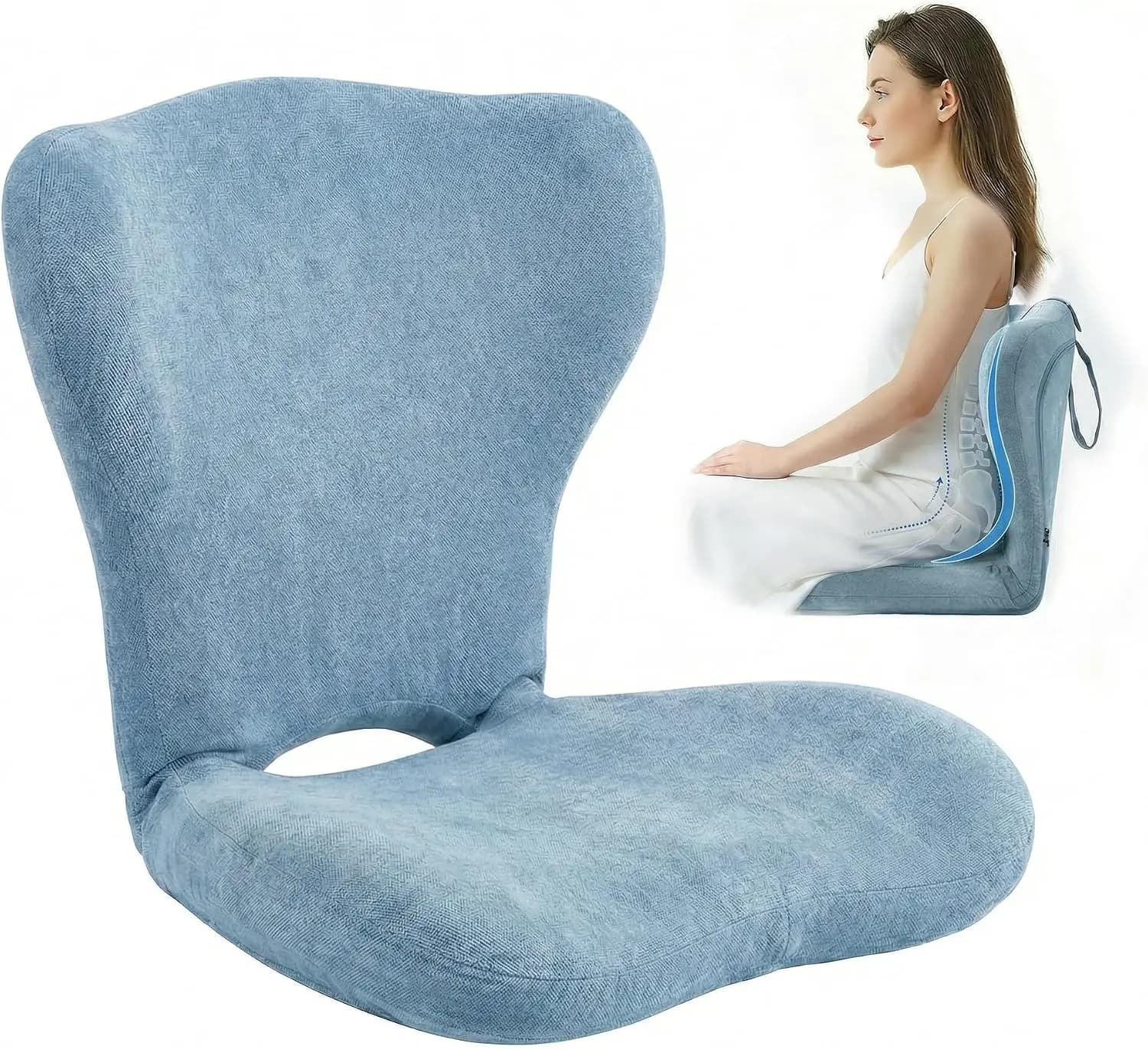 Seat Cushion With Backrest For Office Chair Memory Foam Folding Floor Chair Desk Lumbar Support Chair Pad Mat Sitting Reading Gaming Blue