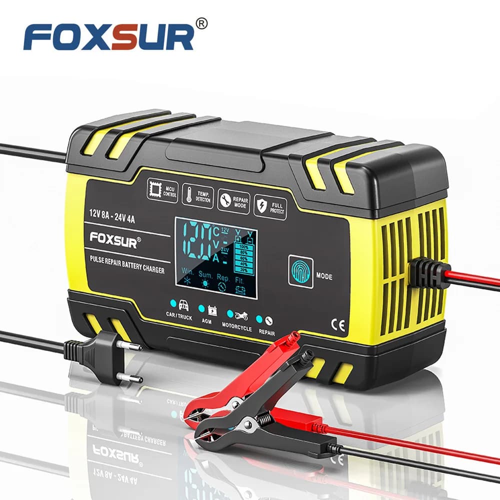 FOXSUR Caricabatteria per auto intelligente per 12V 4A / 24V 8A Camion Moto RV Barca AGM Gel Batterie al piombo con riparazione a impulsi LCD