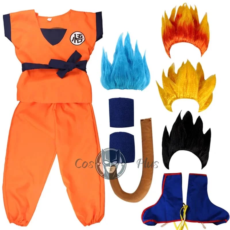 Costumi di Carnevale Son Goku, Completo Cosplay Anime con Top/Pantaloni/Cintura/Coda/Bracciali/Parrucca per Adulti e Bambini