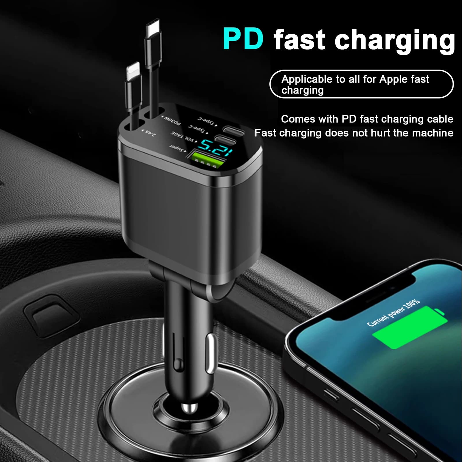 Cavo retrattile PD per caricabatteria da auto 5 IN 1 USB tipo C per Samsung Huawei Cavo di ricarica rapido Adattatore per accendisigari