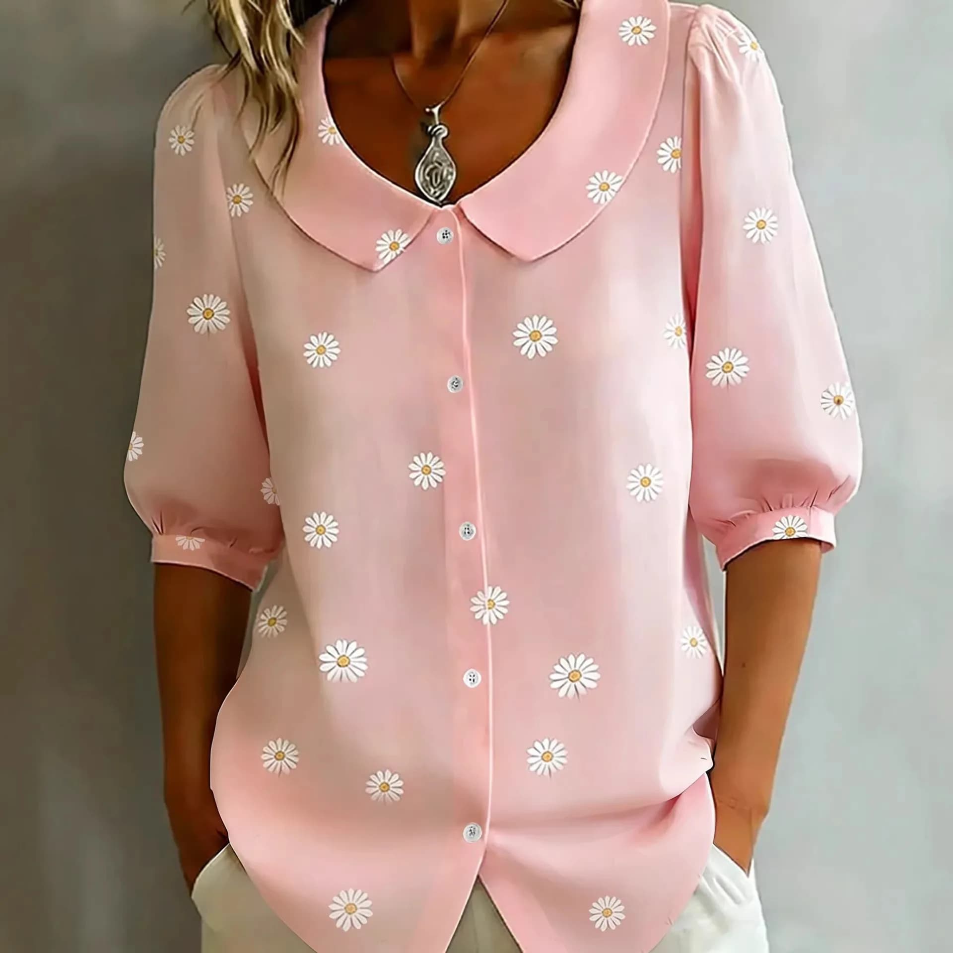 Camicia Casual da Donna con Colletto a Bambola e Bottoni, Tinta Unita, Nuova Collezione Estiva 2026 Stile Europeo e Americano