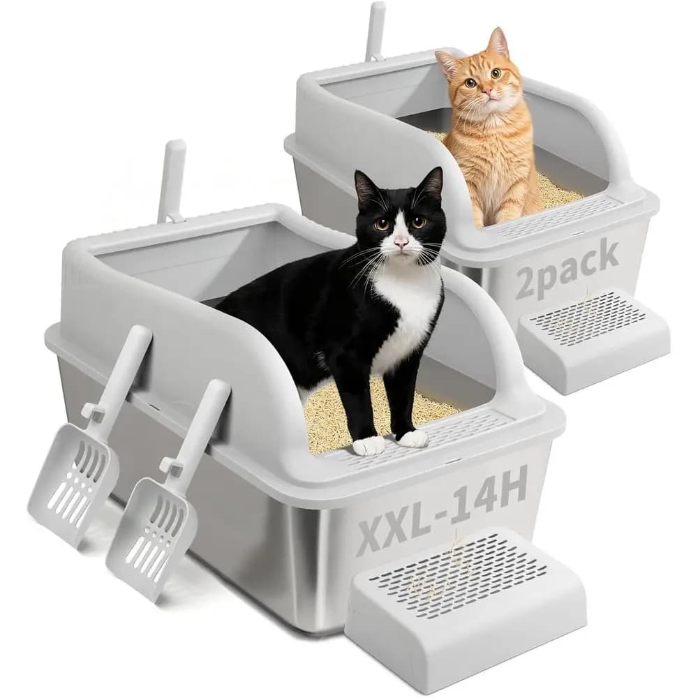 Lettiera per Gatti in Acciaio Inossidabile con Coperchio, Lettiere in Metallo Extra Large per Gatti Grandi e Gattini, Lettiera XL con Bordi Alti, Anti-Odore, Antiaderente