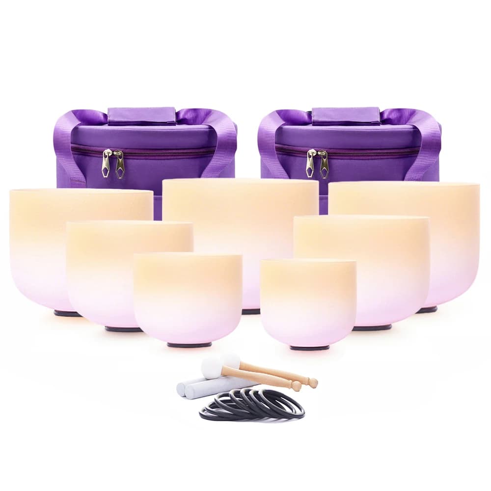 Hye-eun 6-12/7-12inch Orange&pink Quartz Crystal Singing Bowl 7pcs Chakra Set CDEFGAB Note for Sound Healing with Carry Case