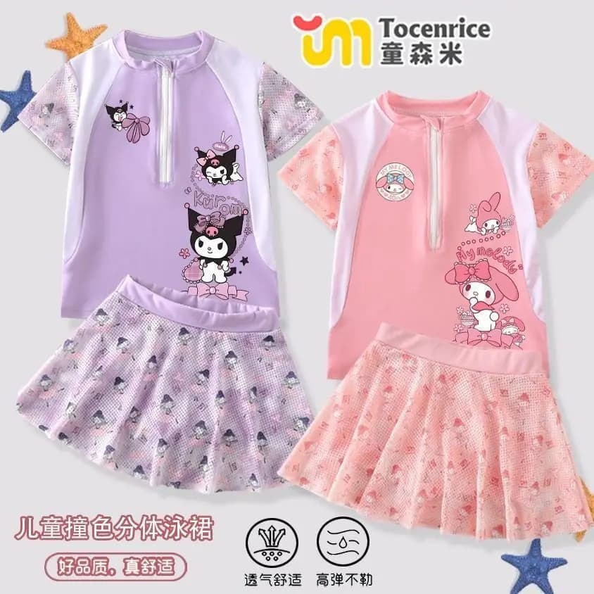 Costume da bagno due pezzi Kuromi con top in rete + gonna e cuffia, occhialini e tappi per le orecchie, grazioso costume da bagno per bambini con cartoni animati per spiaggia e piscina