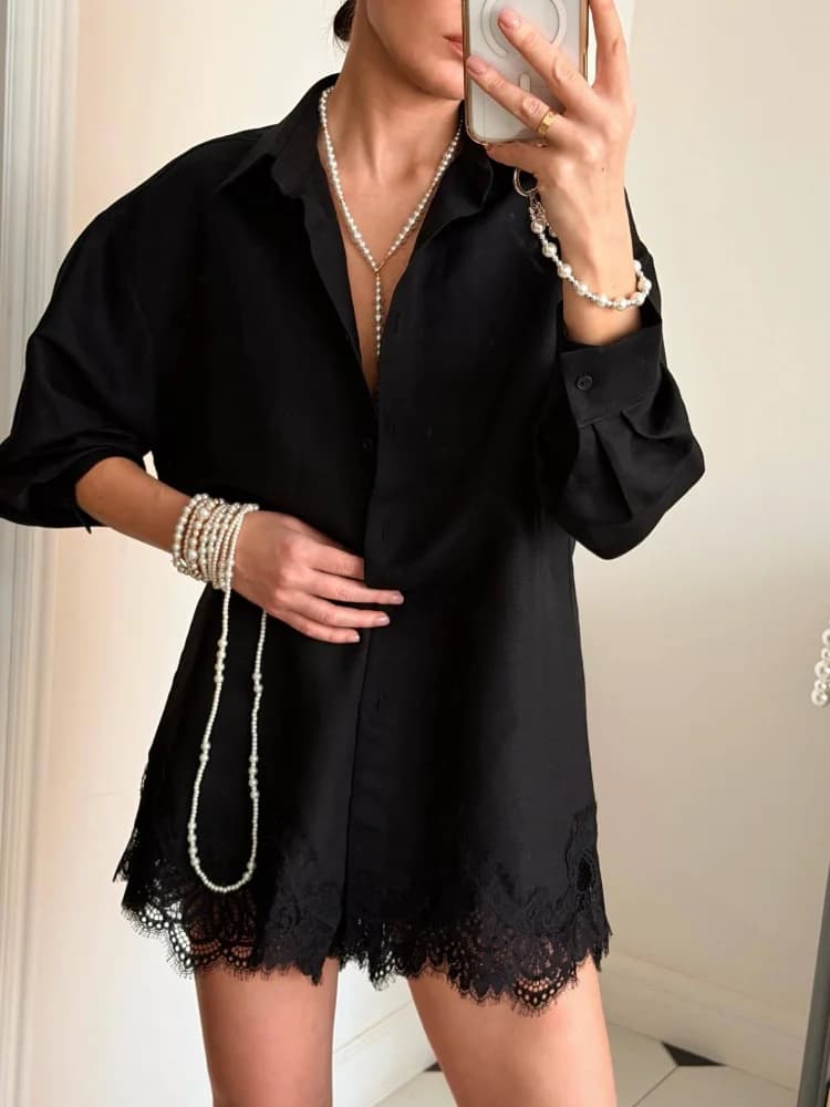 Completi Casual da Donna: Camicie a Maniche Lunghe e Pantaloncini con Inserti in Pizzo, Set 2 Pezzi, Nuova Collezione Primavera 2026, Outfit da Spiaggia per Signore