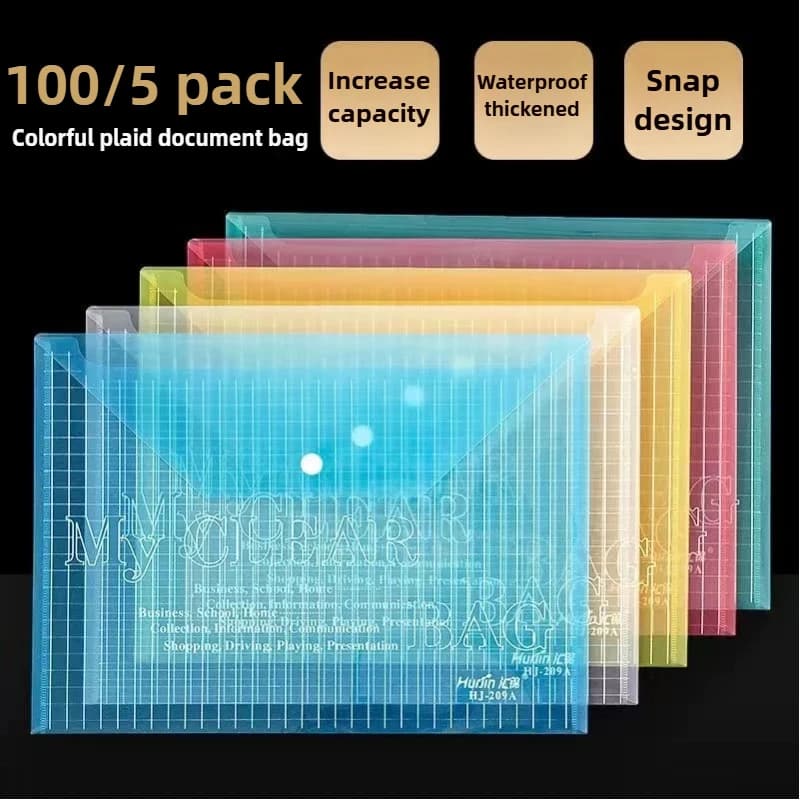 100/5 pezzi A4 plastica trasparente documenti archiviazione sacchetto di archiviazione sacchetto di file informazioni cartelle tascabili materiale scolastico di cancelleria