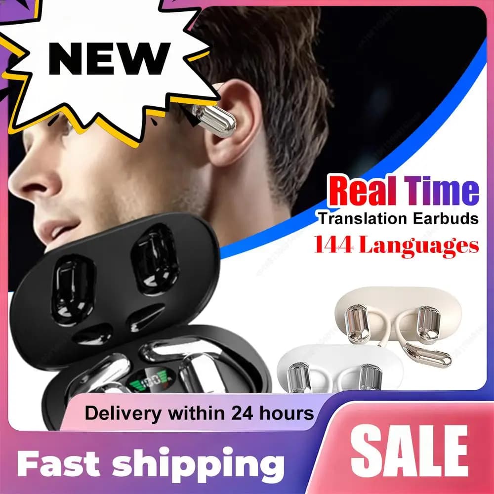 Auricolari Traduttori AI Wireless Bluetooth 5.3 Open Ear, Traduzione in Tempo Reale in 144 Lingue, Cuffie per Viaggi e Affari