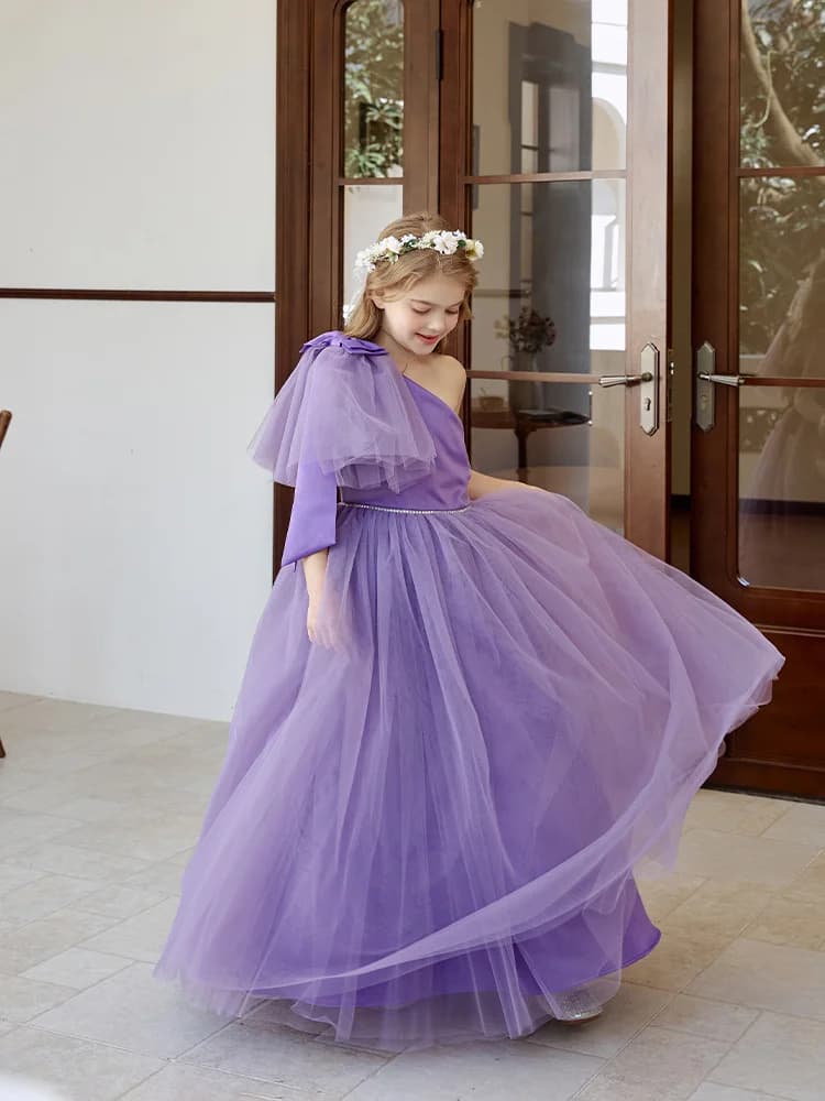 Abito da ragazza di fiori per matrimonio in tulle con perline monospalla con fiocco lungo fino al pavimento abito da principessa abiti da festa di compleanno per bambini personalizzati