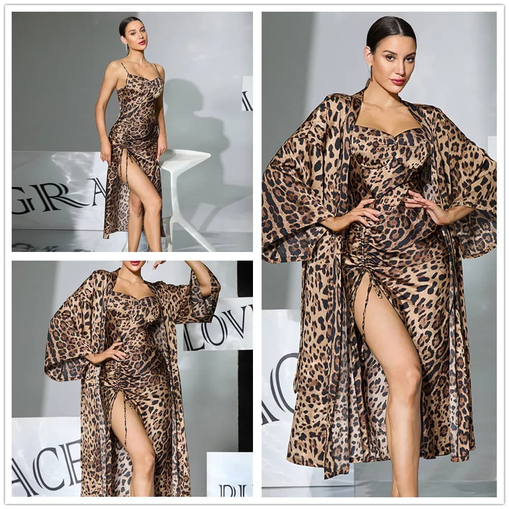 Sexy Leopard Long Robe Nightgown Womens Summer Ice Silk Satin Sleepwear Loose Homewear Bathrobe Rayon Pajama