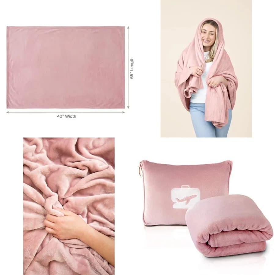 Coperta e Cuscino da Viaggio - Ultra Morbidi, Compatti e Leggeri, 65x40 Pollici, con Custodia per il Trasporto, Clip per Zaino e Valigia per Airp