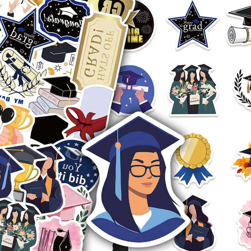 50Pcs Graduation Season Themed Stickers, Decorative Decals for Diaries, Stationery, Notebooks, Laptops and Scrapbooks