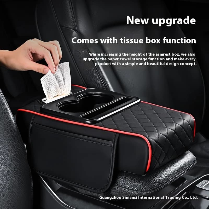 Extensible Cushion for PU Leather Auto Armrest, 7,5 CM Thickness, with Glass Holders, Side Saws and Pocket