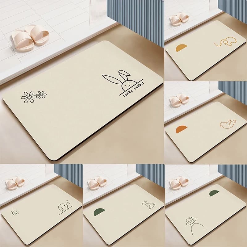 Tappetino da bagno con fango diatomea Cartoon Dog Line Art Tappeto assorbente ad asciugatura rapida Tappetino per WC antiscivolo Accenti geometrici per la decorazione domestica