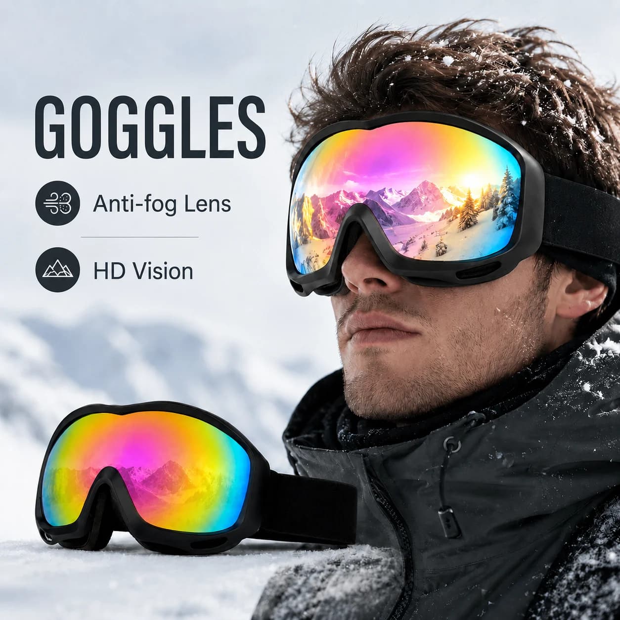 UV400 Anti-fog Ski Goggles, Windproof & Impact-resistant Outdoor Snow Goggles for Adults with Adjustable Strap