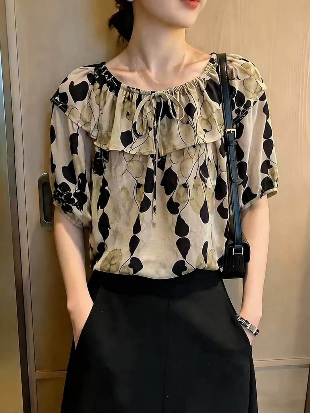 Trendy Color Block Printed Chiffon Shirt Women's Short Sleeve Belted Top Elegant Summer 2026 Commute Korean Style Straight Cut