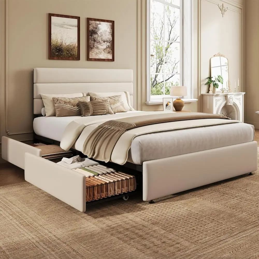 Beige velvet upholstered bed with 4 container drawers, metal and wood slats, does not need slats, easy to mount