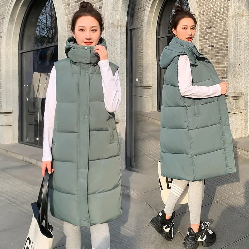 Waistcoat Outwear 2024 New Winter Women Hooded Warm Long Vest Jacket Female Cotton Padded Sleeveless Casual 6-Colors