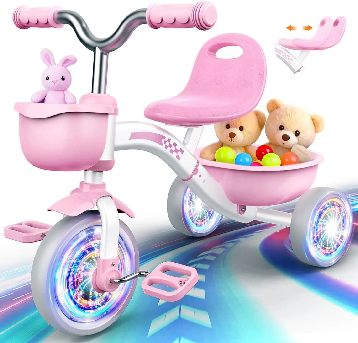 Toddler Tricycle for 1-5 Years, Pink Baby Bike with Light-Up Wheels, 4-Level Adjustable Seat, 2 Baskets, Outdoor Riding Toy for Girls