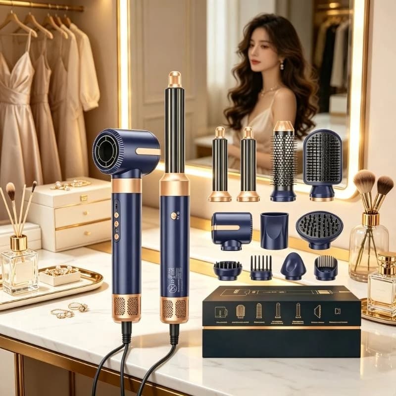 7-in-1 Multifunctional Hot Air Brush Brushless High Speed Blow Dryer Ionic Technology With Diffuser And Automatic Hair Curler