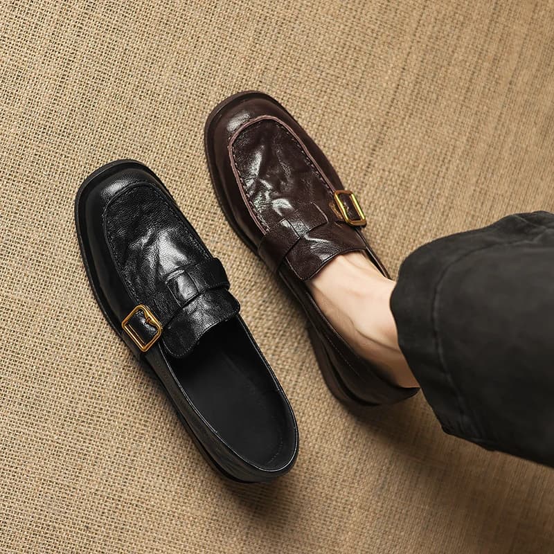 2026 new spring autumn women pumps natural leather 22-25cm sheepskin+cowhide+pigskin square toe buckle loafers women shoes
