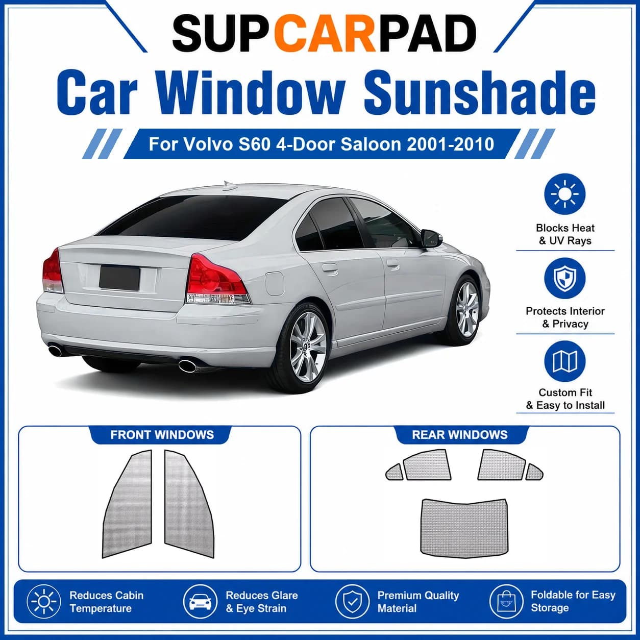 For Volvo - Volvo S60 4-Door Saloon 2001-2010 Full Set Car Window Sunshades UV Block Privacy Heat Insulated Foldable Car Curtain