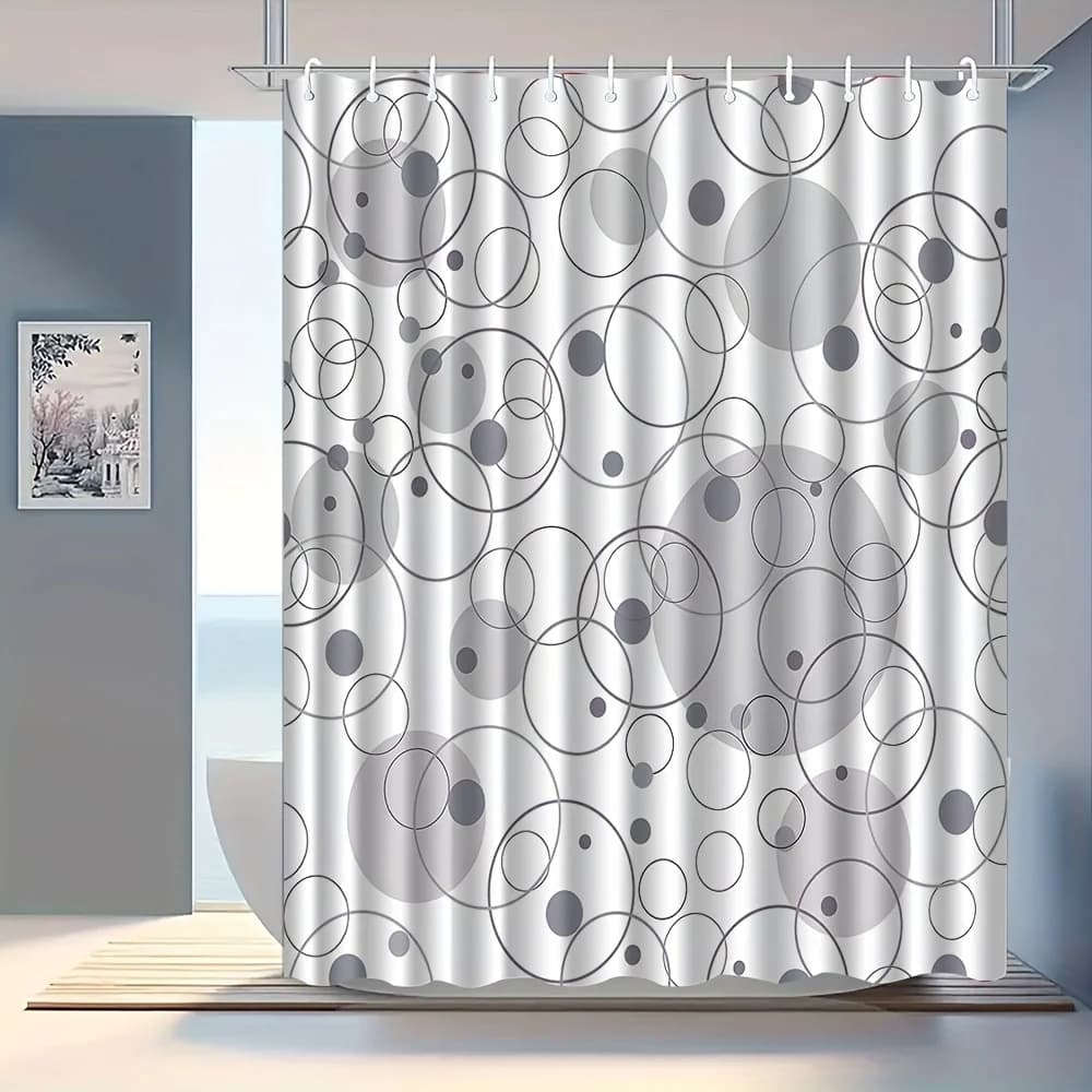 1 tenda da doccia circolare con motivo geometrico, tessuto in poliestere, lavabile in lavatrice, con ganci, adatta per l'arredamento del bagno.