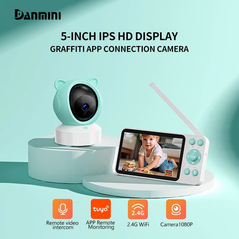 Danmini TUYA App Control Baby Monitor Display HD da 5'' Telecamera 1080P Rilevamento dell'umidità della temperatura Monitor per visione notturna a infrarossi