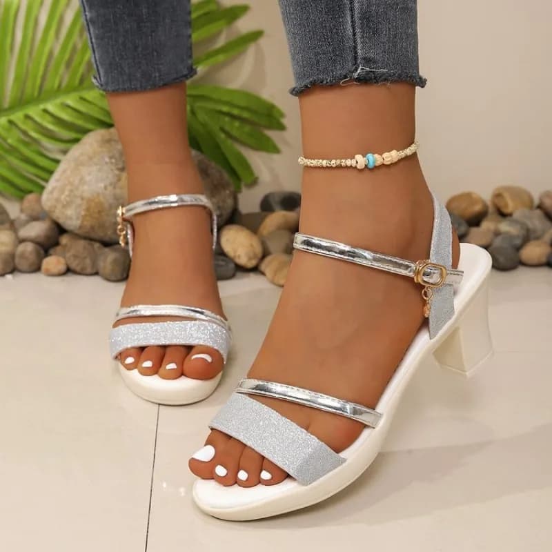 Sandali Donna Eleganti con Glitter Oro, Tacco Largo, Punta Aperta, Cinturino alla Caviglia in Pelle PU, Scarpe Chic da Festa con Tacco Medio