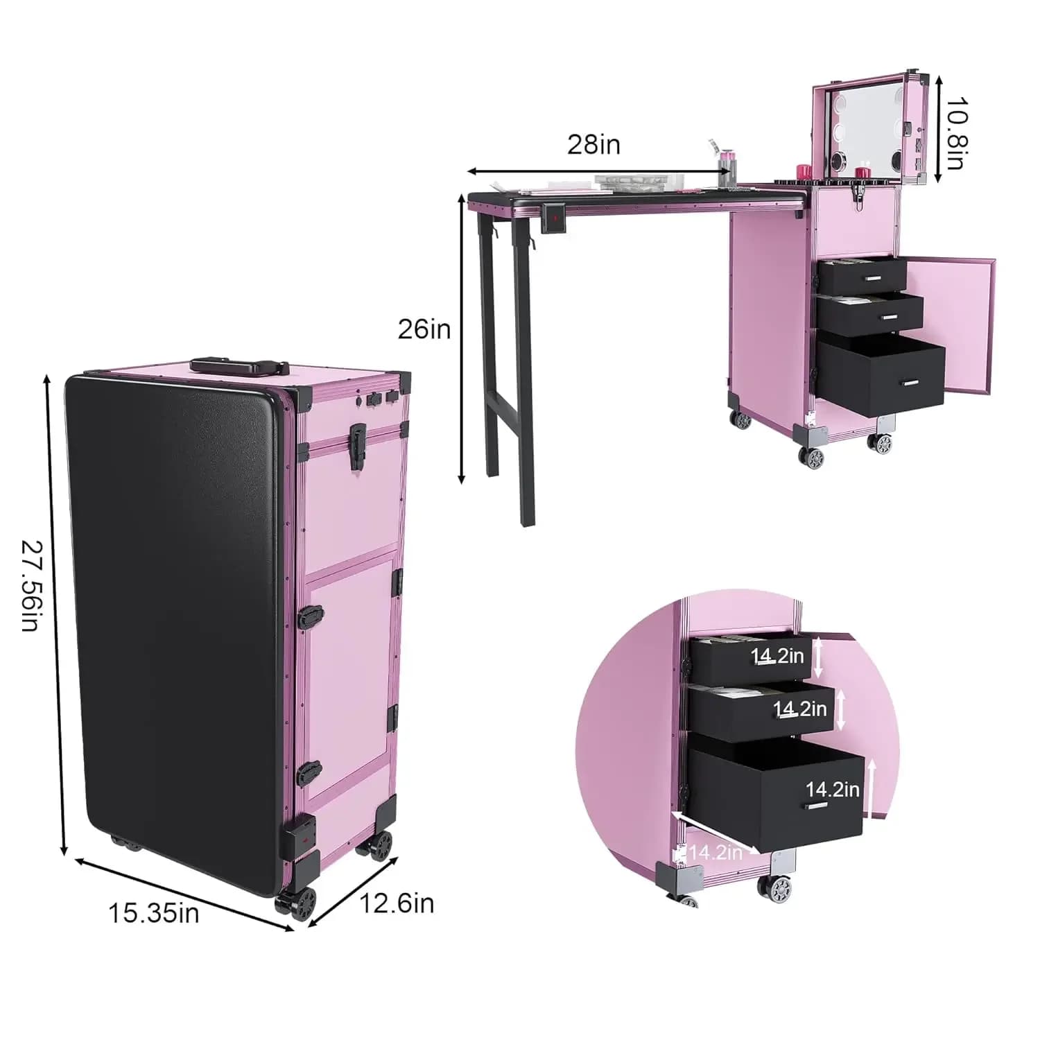 Tavolo da Manicure Portatile con Ruote e Specchio LED, 3 Cassetti, Organizzatore per Smalti, Personalizzabile