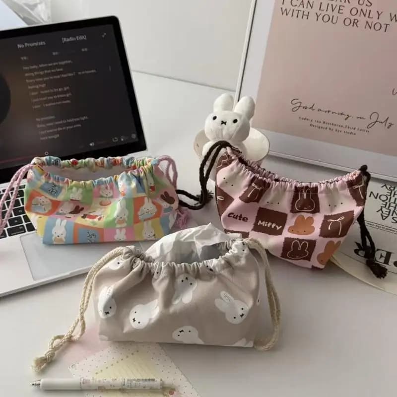 New Cute Miffy Drawstring Tissue Bag Cartoon Rabbit Print Tissue Storage Pouch Portable Home Car Tissue Box Cover Festival Gift