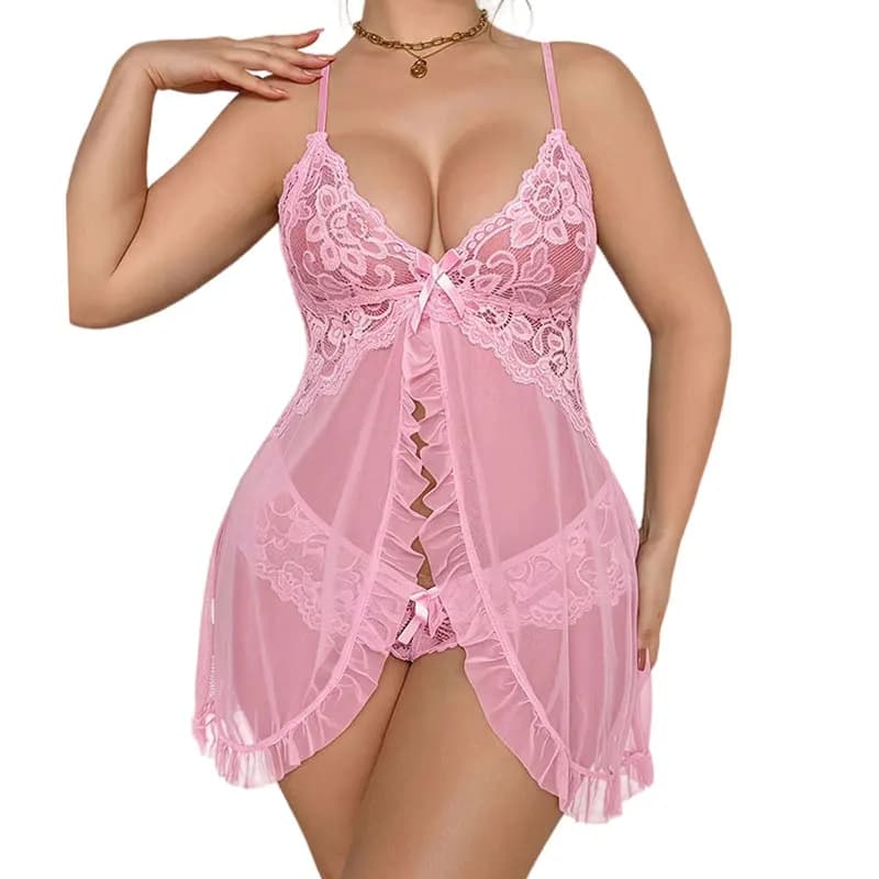 Pink Sweet Lingerie Exquisite Set Summer Pajamas Women Sexy Underwear Nightgown Plus Size Bra Panties Sets Thin Wire-free Bras