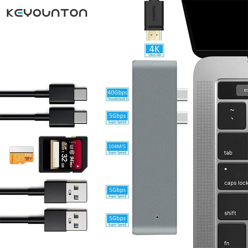USB C Hub USB-C Duo 7-in-2 for MacBook Pro Air, HDMI-compatible 4K60Hz HDR HDTV 100W PD 40Gbps USB 3.1 Micro SD/SD Card Reader