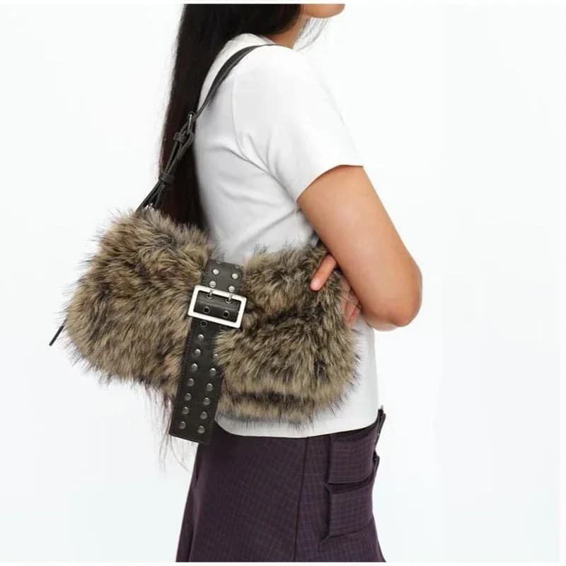 Luxury Faux Fur Women Shoulder Bag Retro Rivet Belt Buckle Design Underarm Bag Stylish Fluffy Plush Casual Daily Handbag