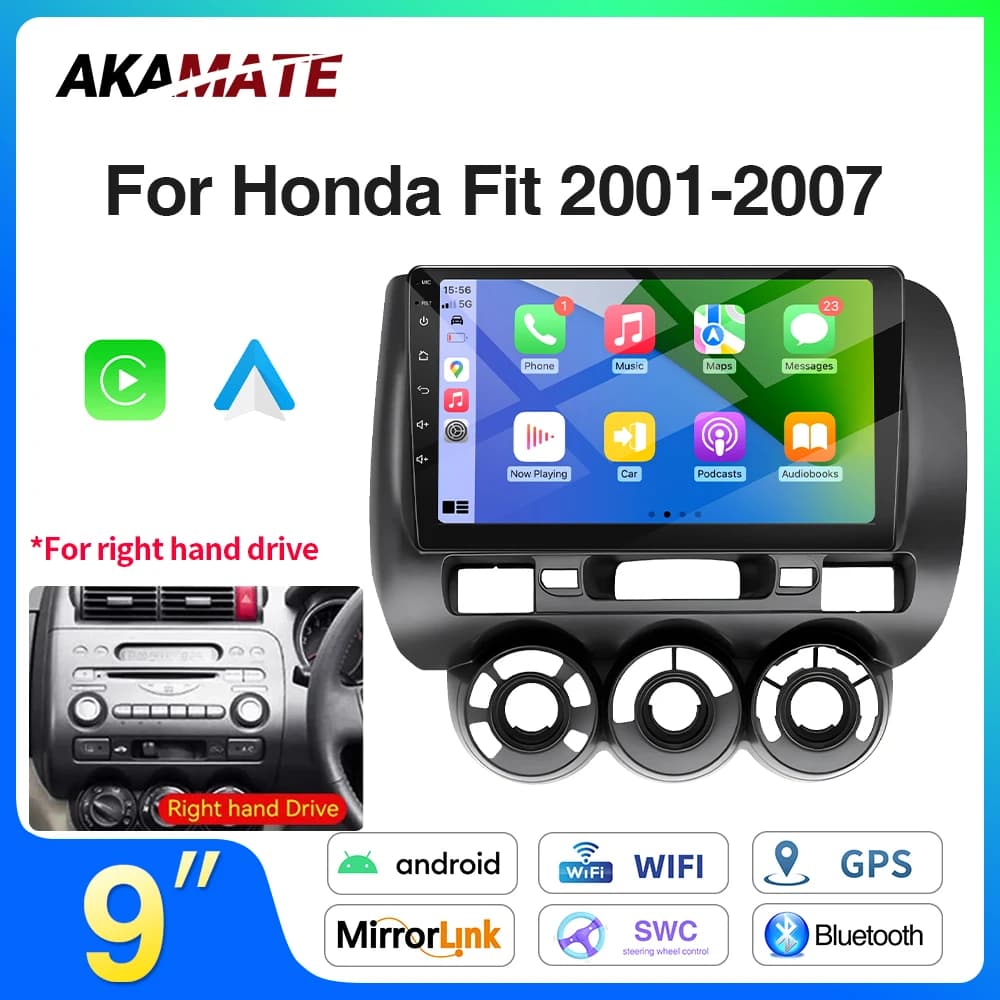 Autoradio da 9 pollici per Honda Fit 2001-2007 Wireless CarPlay Android Auto GPS Navi Bluetooth EQ Stereo per volante destro